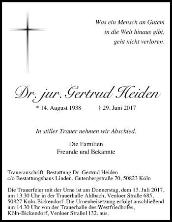 Anzeige von Gertrud  Heiden von Kölner Stadt-Anzeiger / Kölnische Rundschau / Express