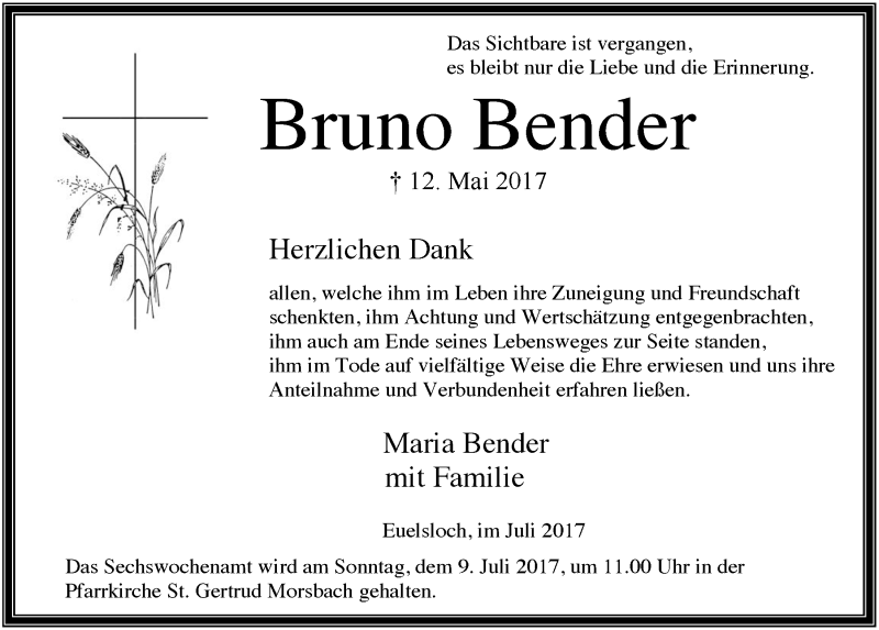 Traueranzeige für Bruno Bender vom 05.07.2017 aus  Lokalanzeiger 