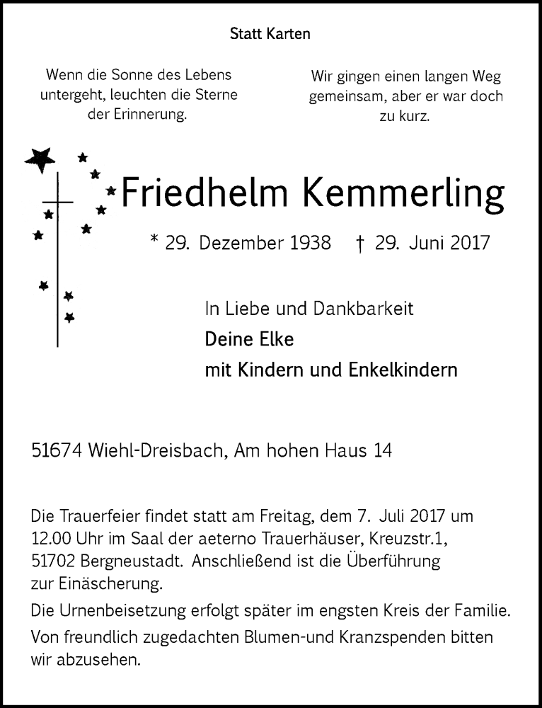  Traueranzeige für Friedhelm Kemmerling vom 05.07.2017 aus  Anzeigen Echo 