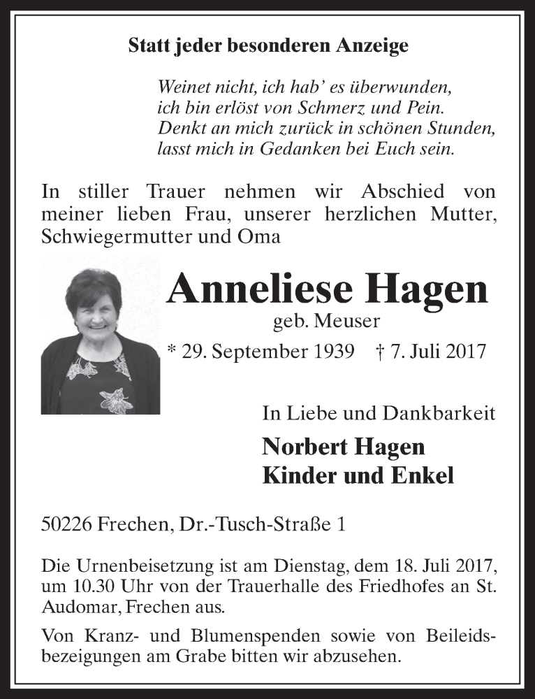  Traueranzeige für Anneliese Hagen vom 12.07.2017 aus  Wochenende 