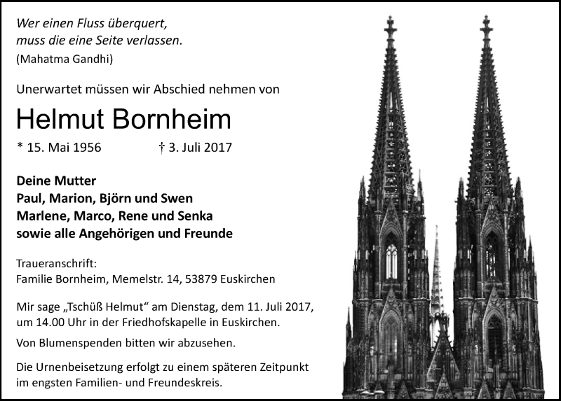  Traueranzeige für Helmut Bornheim vom 08.07.2017 aus  Blickpunkt Euskirchen 