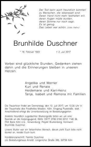 Anzeige von Brunhilde Duschner von Kölner Stadt-Anzeiger / Kölnische Rundschau / Express