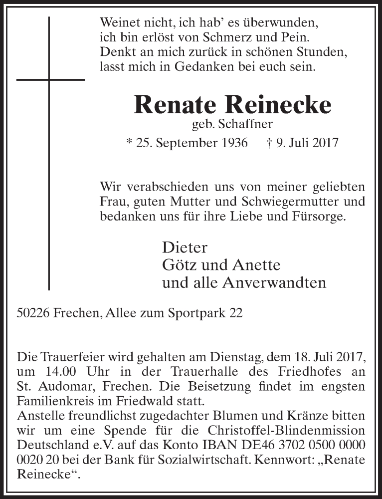  Traueranzeige für Renate Reinecke vom 15.07.2017 aus  Sonntags-Post 