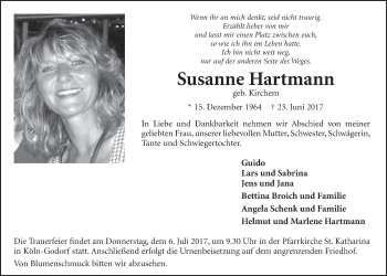 Anzeige von Susanne Hartmann von  Kölner Wochenspiegel 
