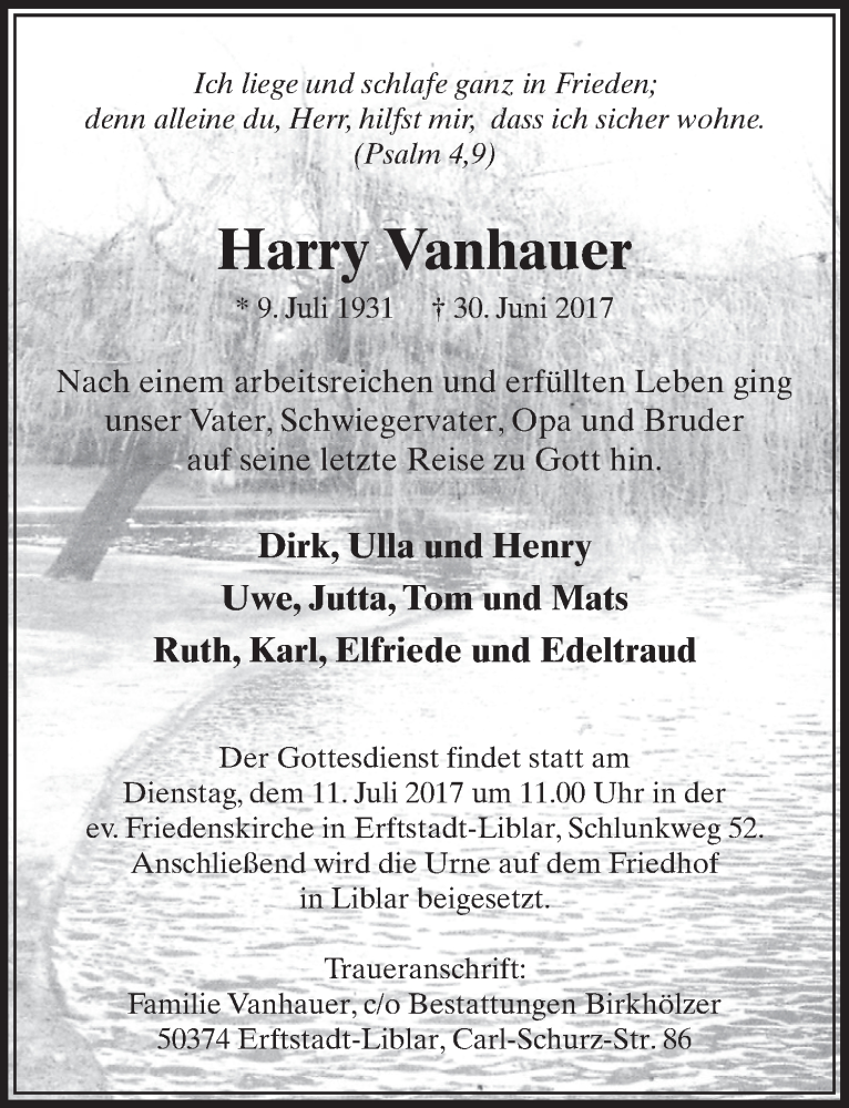  Traueranzeige für Harry Vanhauer vom 08.07.2017 aus  Sonntags-Post 