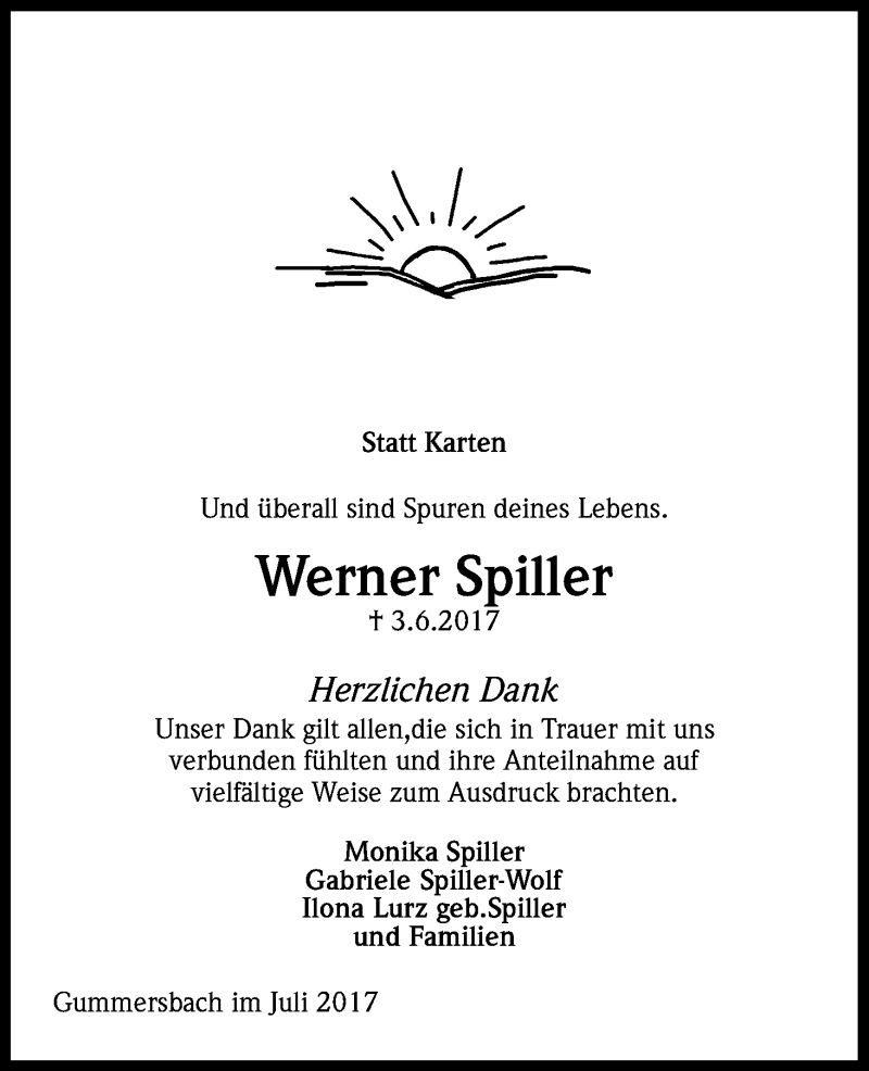  Traueranzeige für Werner Spiller vom 15.07.2017 aus Kölner Stadt-Anzeiger / Kölnische Rundschau / Express