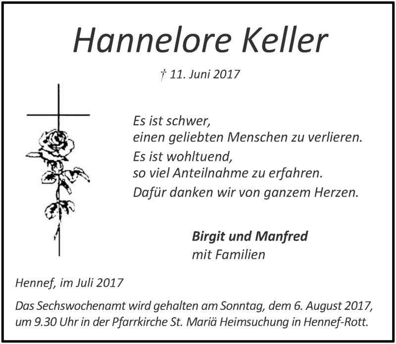  Traueranzeige für Hannelore Keller vom 12.07.2017 aus  Extra Blatt 