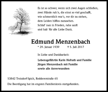 Anzeige von Edmund Menzenbach von Kölner Stadt-Anzeiger / Kölnische Rundschau / Express