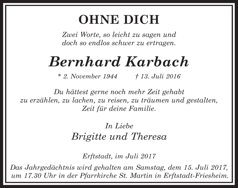  Traueranzeige für Bernhard Karbach vom 12.07.2017 aus  Werbepost 