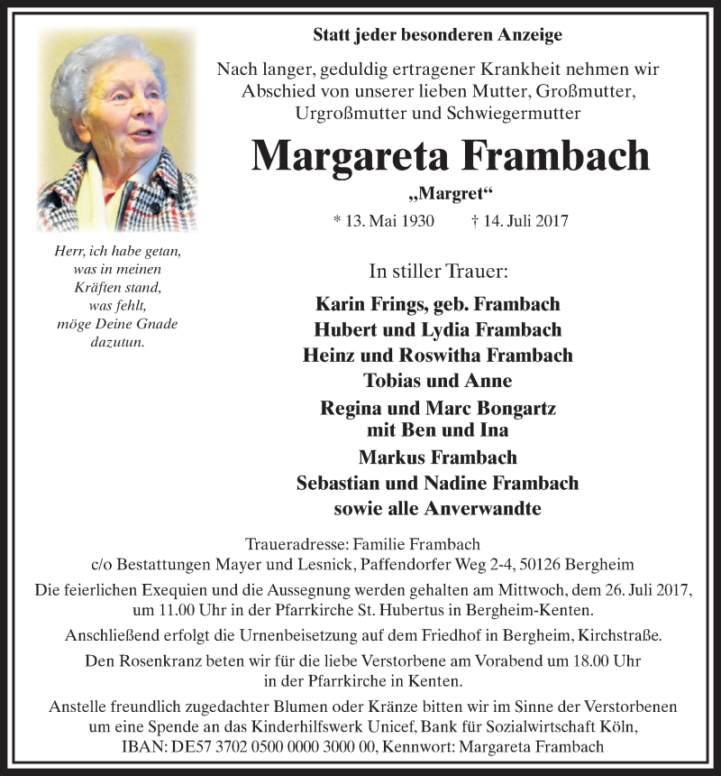  Traueranzeige für Margareta Frambach vom 22.07.2017 aus  Sonntags-Post 