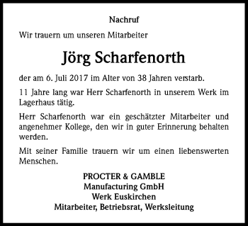 Anzeige von Jörg Scharfenorth von Kölner Stadt-Anzeiger / Kölnische Rundschau / Express