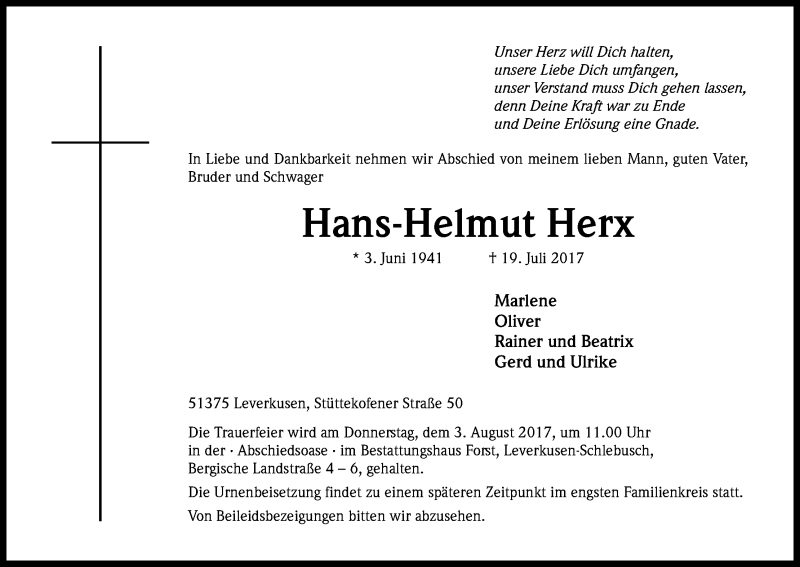  Traueranzeige für Hans-Helmut Herx vom 26.07.2017 aus Kölner Stadt-Anzeiger / Kölnische Rundschau / Express