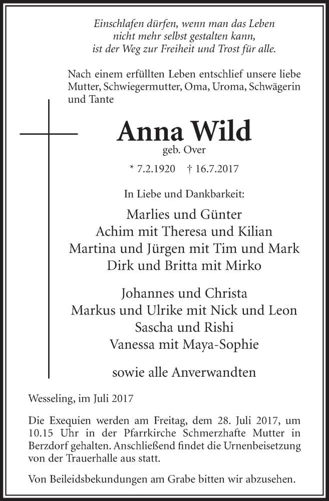 Traueranzeige für Anna Wild vom 26.07.2017 aus  Schlossbote/Werbekurier 