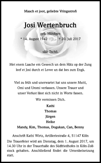 Anzeige von Josi Wertenbruch von Kölner Stadt-Anzeiger / Kölnische Rundschau / Express