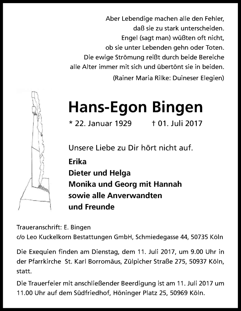  Traueranzeige für Hans-Egon Bingen vom 08.07.2017 aus Kölner Stadt-Anzeiger / Kölnische Rundschau / Express