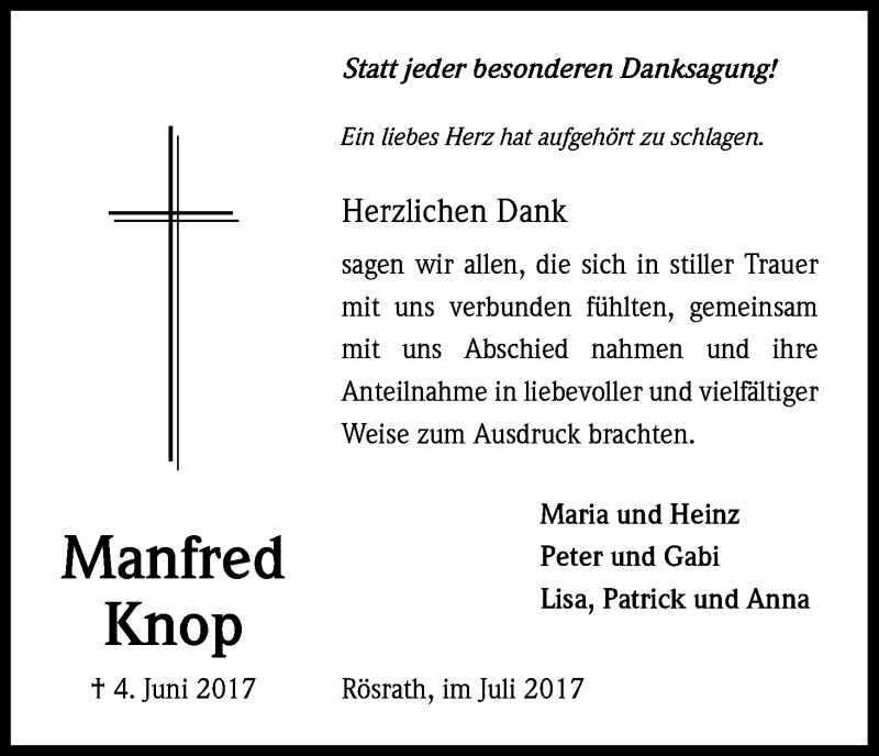  Traueranzeige für Manfred Knop vom 15.07.2017 aus Kölner Stadt-Anzeiger / Kölnische Rundschau / Express
