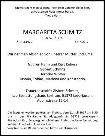Anzeige von Margarete Schmitz von Kölner Stadt-Anzeiger / Kölnische Rundschau / Express