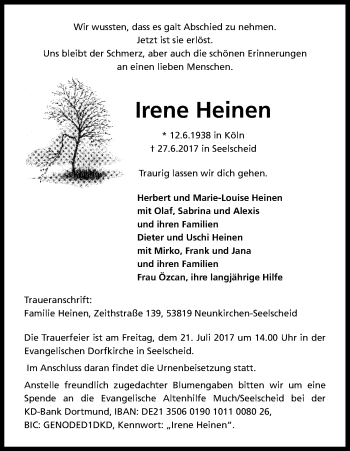 Anzeige von Irene Heinen von Kölner Stadt-Anzeiger / Kölnische Rundschau / Express