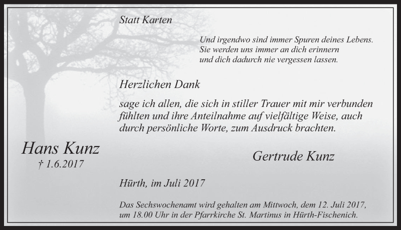  Traueranzeige für Hans Kunz vom 05.07.2017 aus  Wochenende  Schlossbote/Werbekurier 