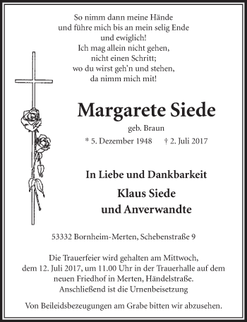 Anzeige von Margarete Siede von  Schaufenster/Blickpunkt am Wochenende 