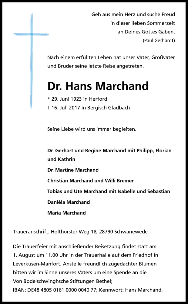  Traueranzeige für Hans  Marchand vom 25.07.2017 aus Kölner Stadt-Anzeiger / Kölnische Rundschau / Express