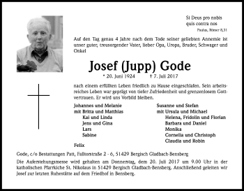Anzeige von Josef Gode von Kölner Stadt-Anzeiger / Kölnische Rundschau / Express