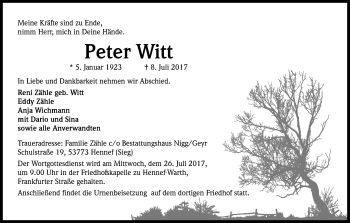 Anzeige von Peter Witt von Kölner Stadt-Anzeiger / Kölnische Rundschau / Express