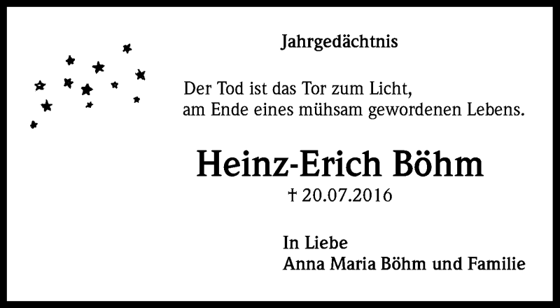  Traueranzeige für Heinz-Erich Böhm vom 22.07.2017 aus Kölner Stadt-Anzeiger / Kölnische Rundschau / Express