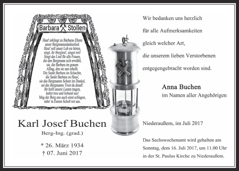  Traueranzeige für Karl Josef Buchen vom 12.07.2017 aus  Werbepost 