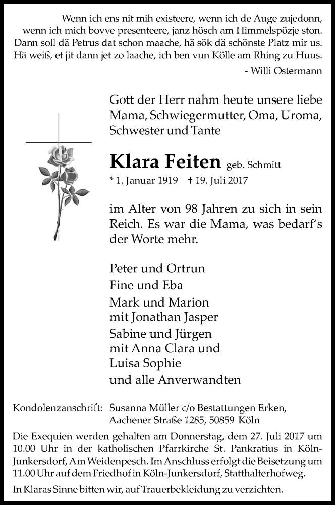  Traueranzeige für Klara Feiten vom 22.07.2017 aus Kölner Stadt-Anzeiger / Kölnische Rundschau / Express