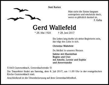 Anzeige von Gerd Wallefeld von Kölner Stadt-Anzeiger / Kölnische Rundschau / Express