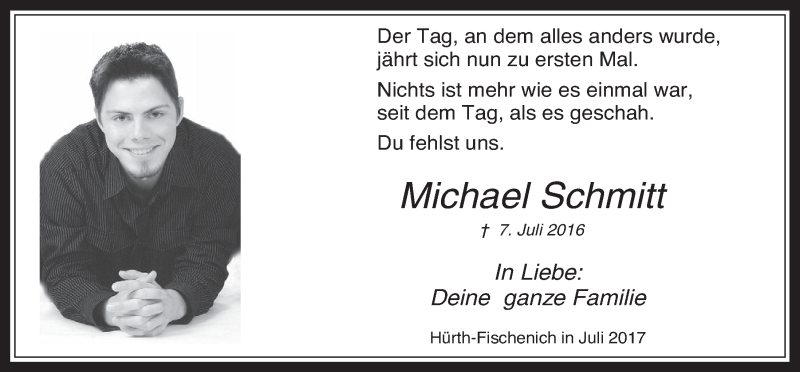  Traueranzeige für Michael Schmitt vom 05.07.2017 aus  Wochenende 