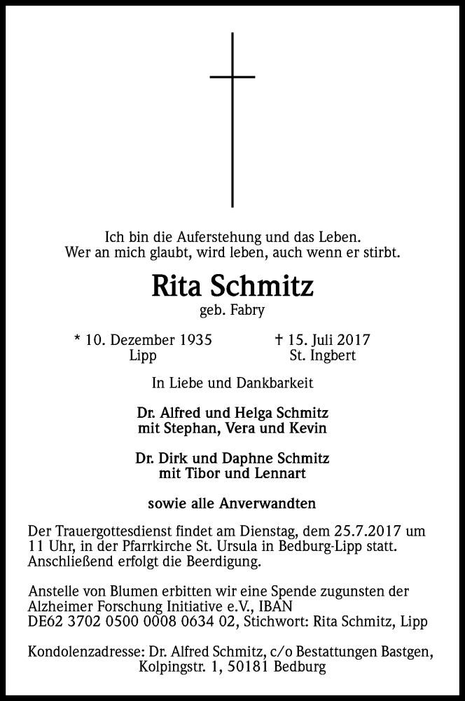  Traueranzeige für Rita Schmitz vom 21.07.2017 aus Kölner Stadt-Anzeiger / Kölnische Rundschau / Express