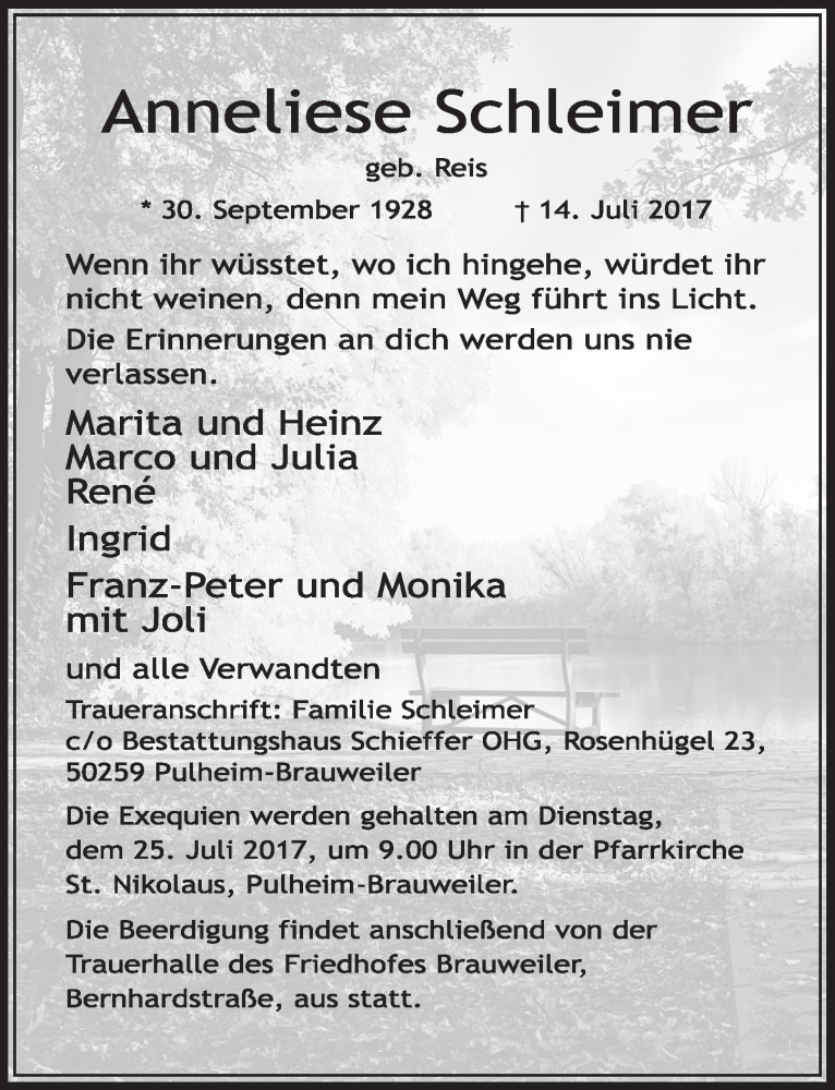  Traueranzeige für Anneliese Schleimer vom 22.07.2017 aus  Sonntags-Post 