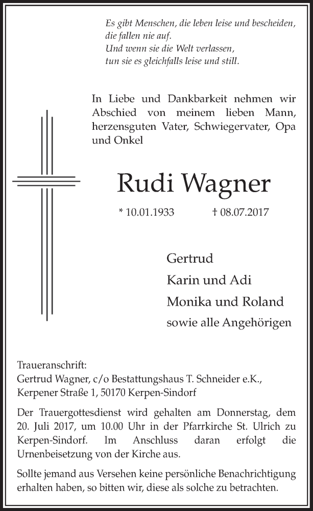  Traueranzeige für Rudi Wagner vom 15.07.2017 aus  Sonntags-Post 