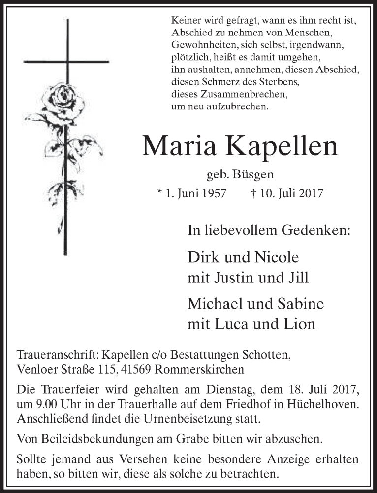  Traueranzeige für Maria Kapellen vom 15.07.2017 aus  Sonntags-Post 