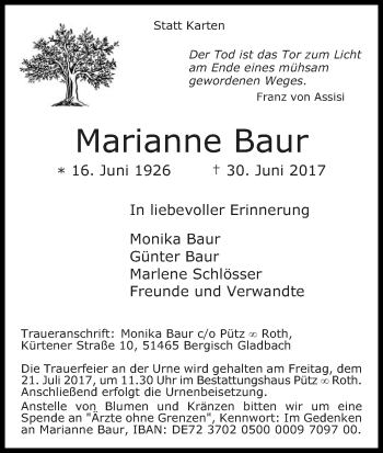 Anzeige von Marianne Baur von Kölner Stadt-Anzeiger / Kölnische Rundschau / Express