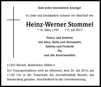 Anzeige von Heinz-Werner Stommel von Kölner Stadt-Anzeiger / Kölnische Rundschau / Express