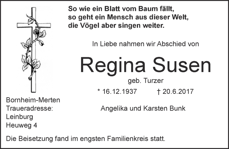  Traueranzeige für Regina Susen vom 05.07.2017 aus  Schlossbote/Werbekurier 