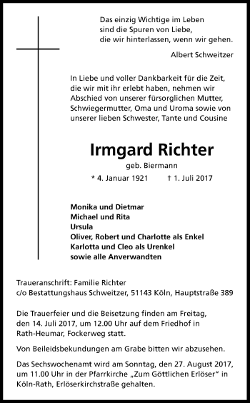 Anzeige von Irmgard Richter von Kölner Stadt-Anzeiger / Kölnische Rundschau / Express