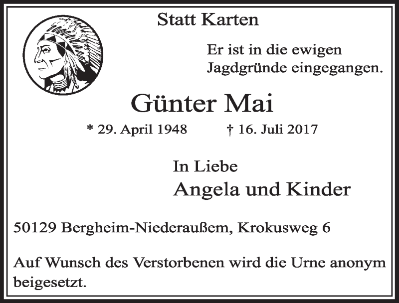  Traueranzeige für Günter Mai vom 22.07.2017 aus  Sonntags-Post 