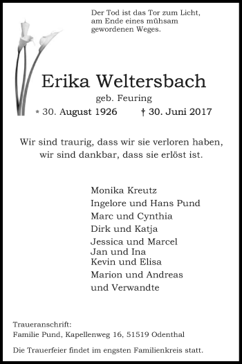 Anzeige von Erika Weltersbach von Kölner Stadt-Anzeiger / Kölnische Rundschau / Express