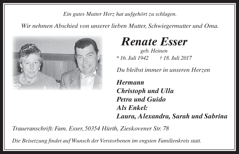  Traueranzeige für Renate Esser vom 26.07.2017 aus  Wochenende 