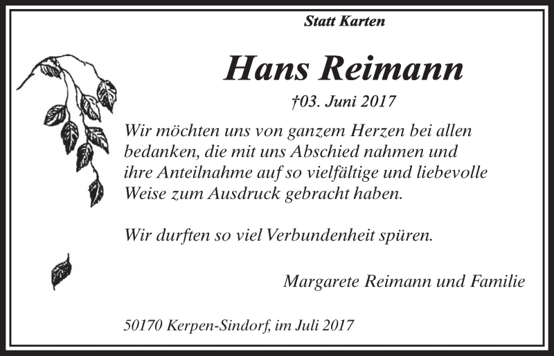  Traueranzeige für Hans Reimann vom 15.07.2017 aus  Sonntags-Post 