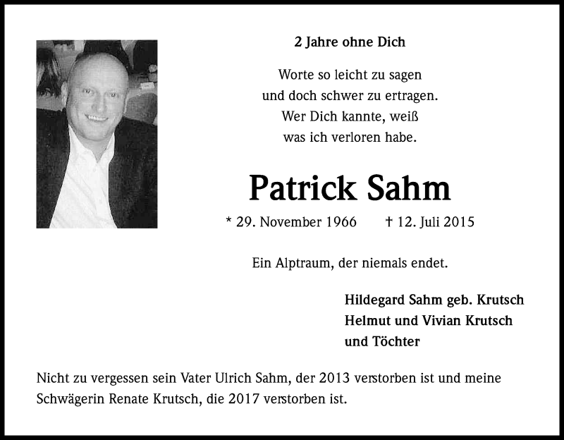  Traueranzeige für Patrick Sahm vom 12.07.2017 aus Kölner Stadt-Anzeiger / Kölnische Rundschau / Express
