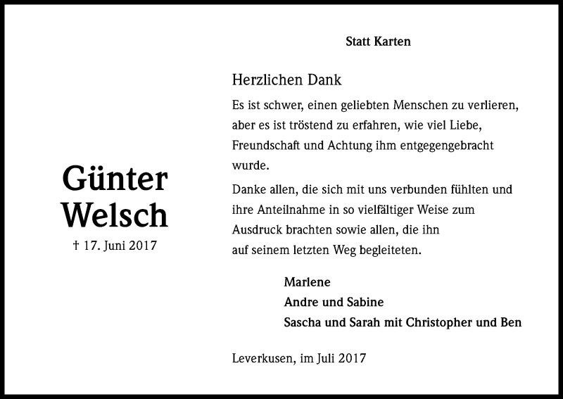  Traueranzeige für Günter Welsch vom 22.07.2017 aus Kölner Stadt-Anzeiger / Kölnische Rundschau / Express