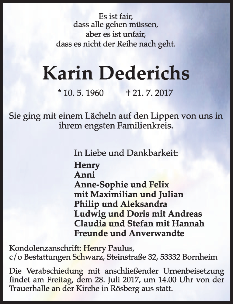 Traueranzeige für Karin Dederichs vom 26.07.2017 aus  Schlossbote/Werbekurier 