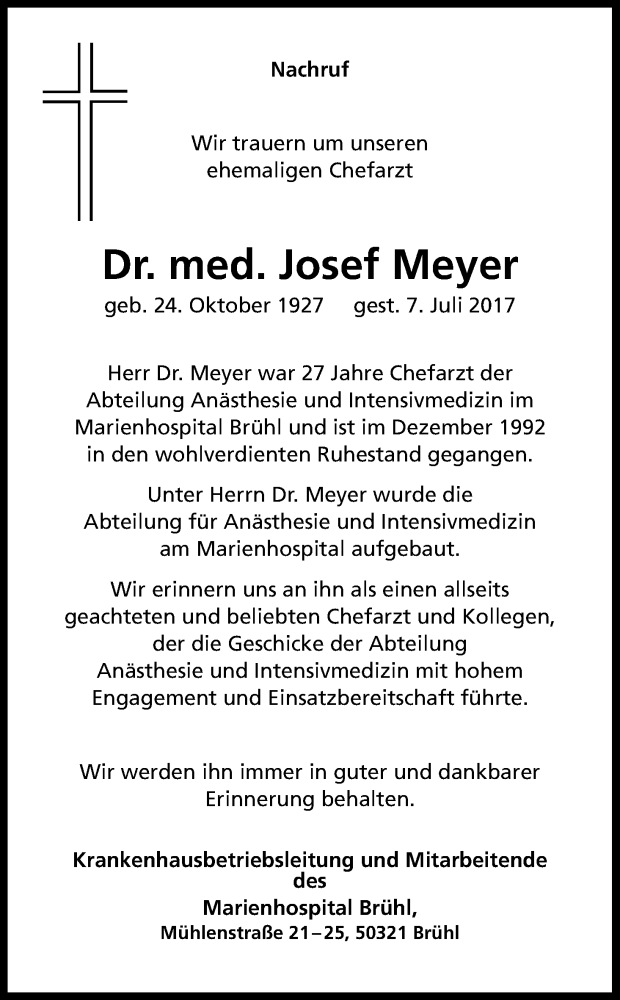  Traueranzeige für Josef Meyer vom 22.07.2017 aus Kölner Stadt-Anzeiger / Kölnische Rundschau / Express