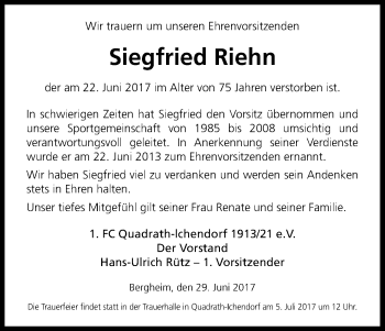 Anzeige von Riehn Siegfried von Kölner Stadt-Anzeiger / Kölnische Rundschau / Express