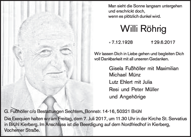  Traueranzeige für Willi Röhrig vom 05.07.2017 aus  Schlossbote/Werbekurier 